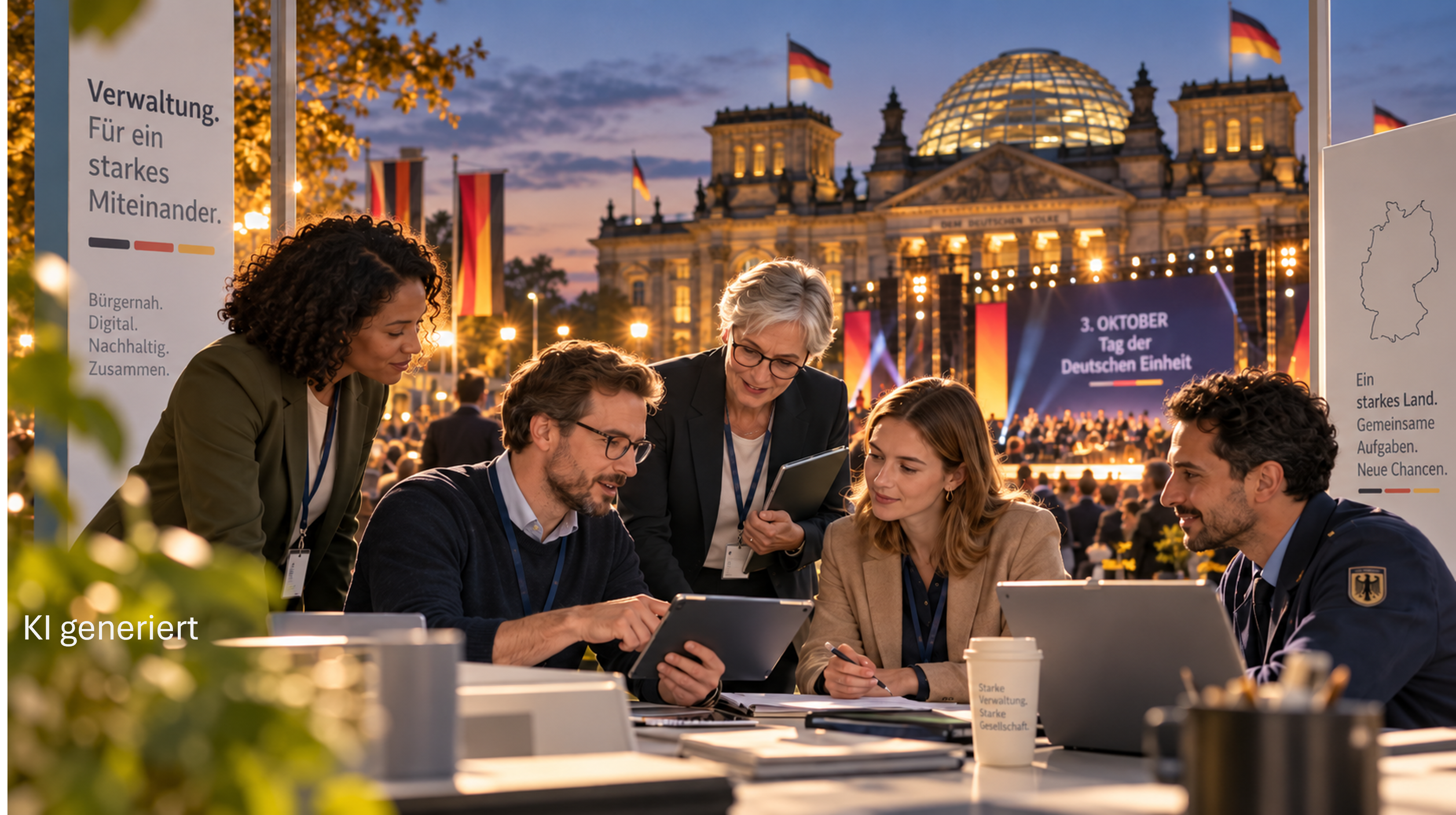 Mehrere Beschäftigte des öffentlichen Dienstes sitzen in einer Besprechung an einem Tisch mit Tablet, Laptop und Unterlagen. Im Hintergrund sind eine festlich beleuchtete Bühne zum Tag der Deutschen Einheit, deutsche Flaggen und das Reichstagsgebäude in der Abenddämmerung zu sehen. Das Bild verbindet moderne Verwaltungsarbeit mit staatlicher Symbolik, Zusammenhalt und Erneuerung.